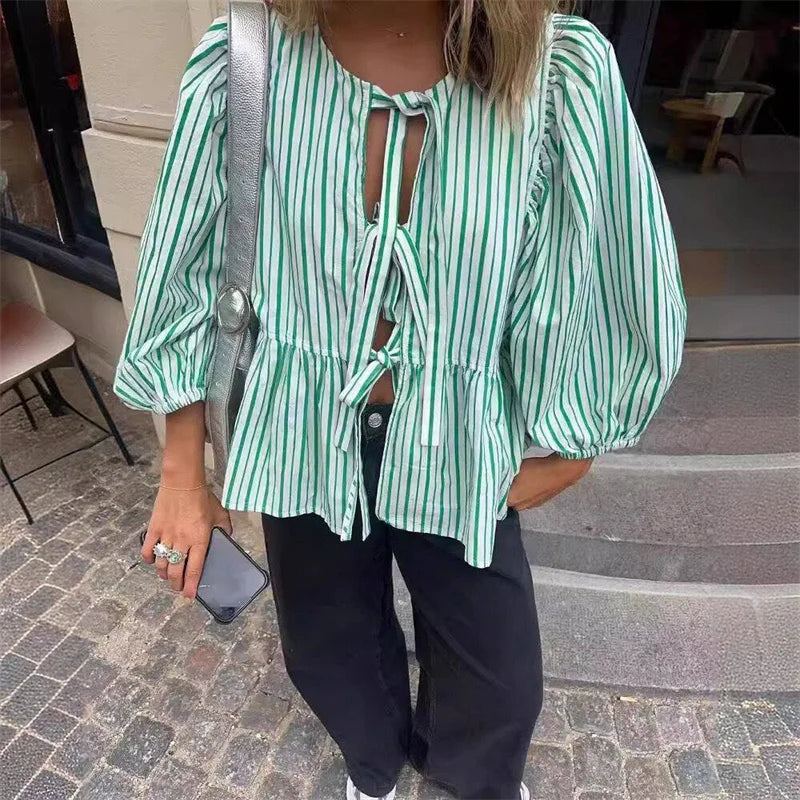 Bowknot Striped Puff Sleeve Cut Out Blouse