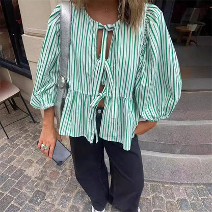 Bowknot Striped Puff Sleeve Cut Out Blouse