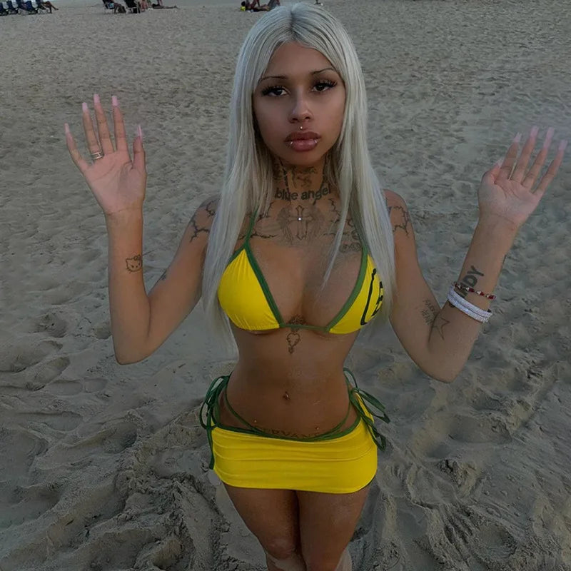 Suspender Print Bikini Beach Three Piece Swim Sets