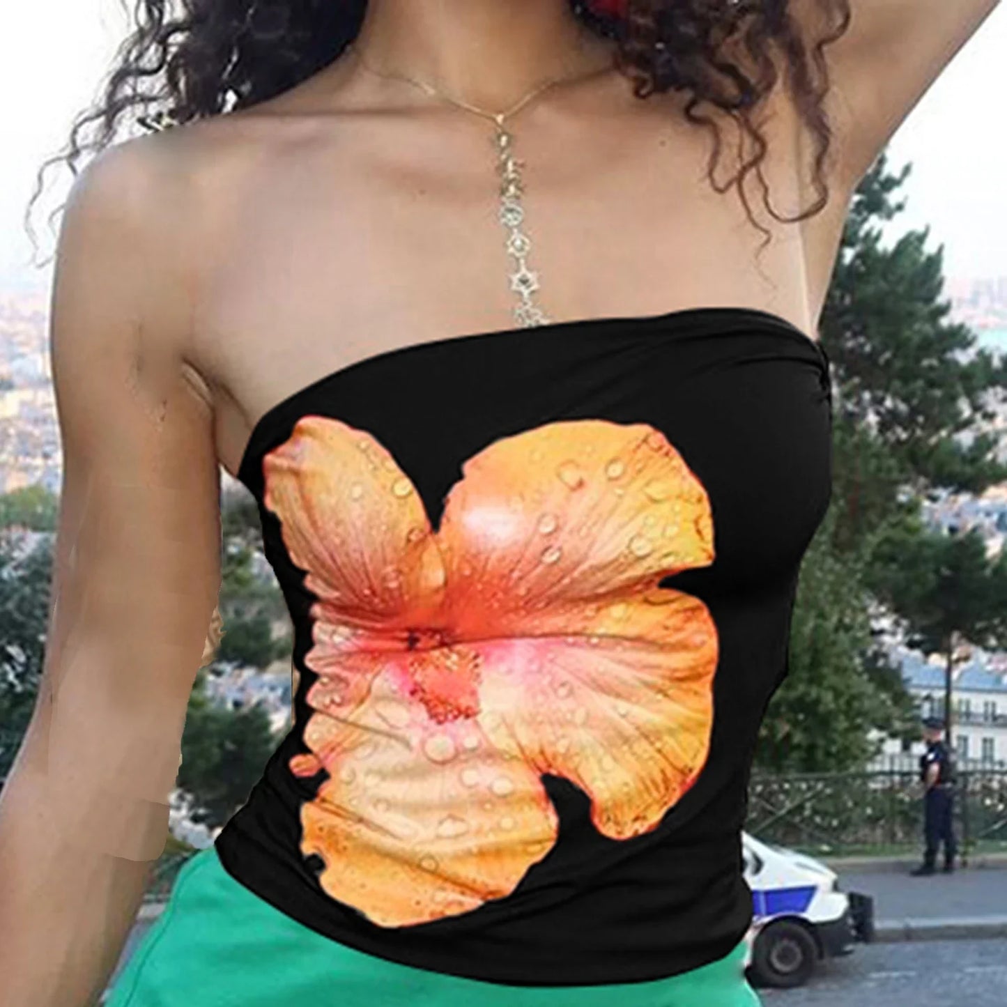 Flower Print Slim Fit Strapless