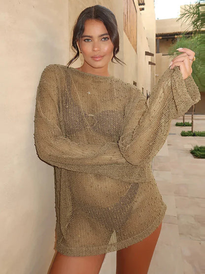 Sexy Hollow Out Long Sleeve Mesh Sheer Top