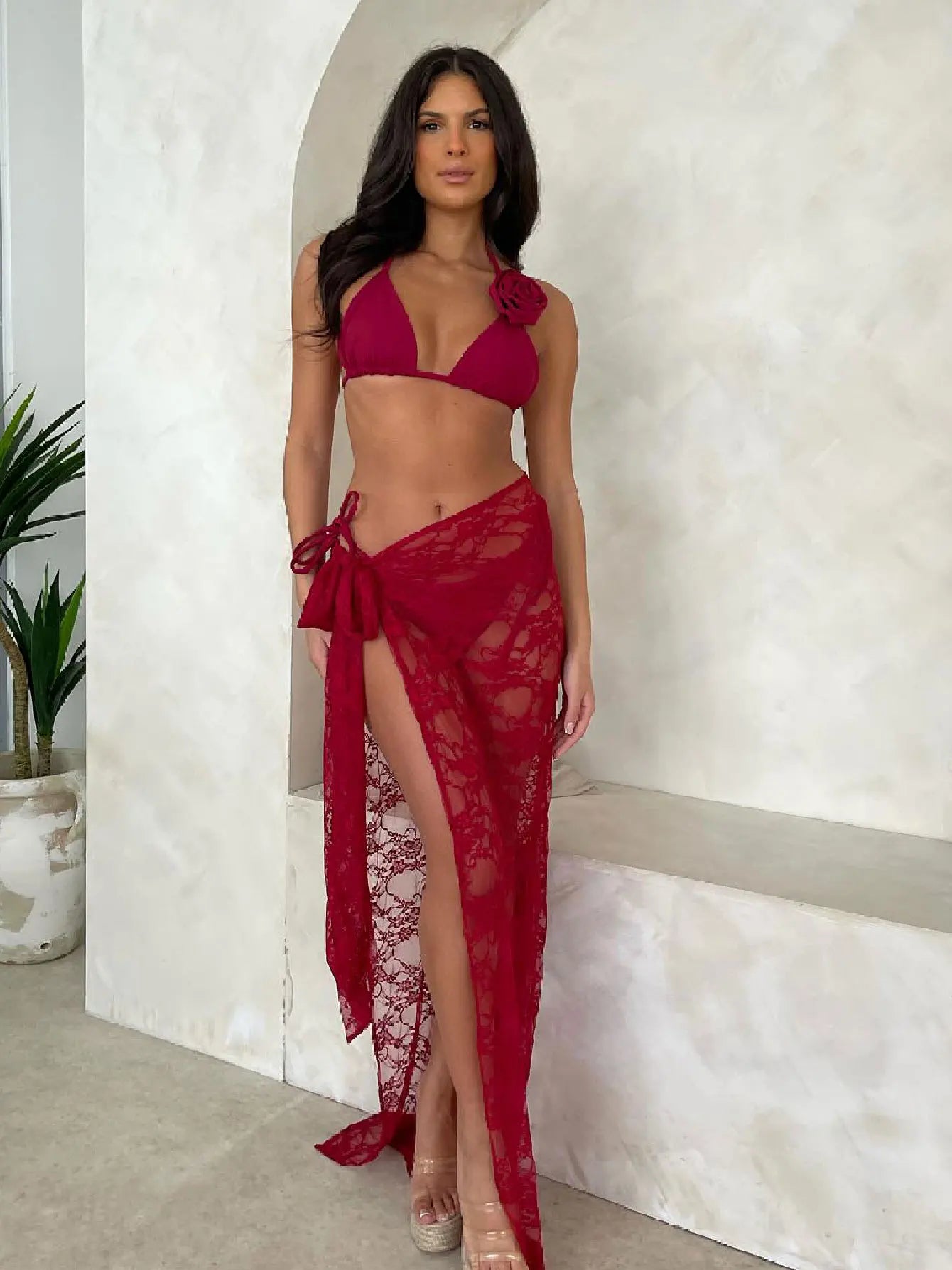 Solid Padded Bra Tassel High Waist Skirt Three Piece Swim Sets