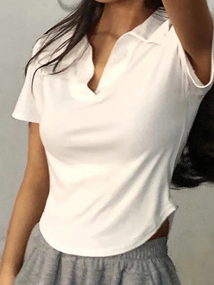 Solid V-Neck Lapel Retro Crop Top