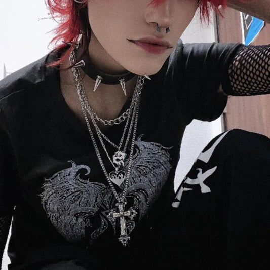 Star Print Gothic Short Sleeve Crop Top