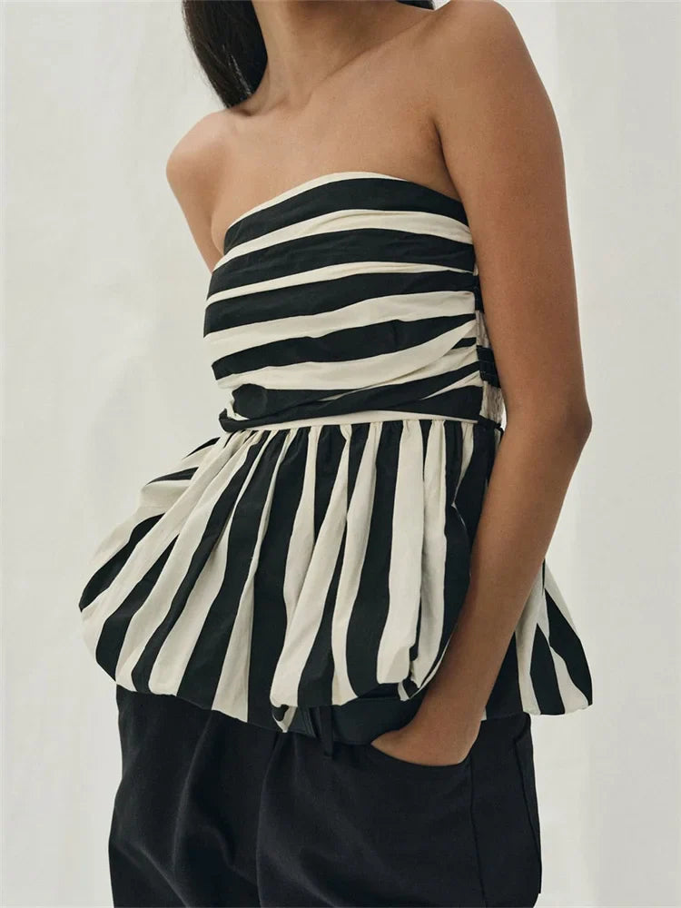 Striped Ruched Cropped Bustier Strapless
