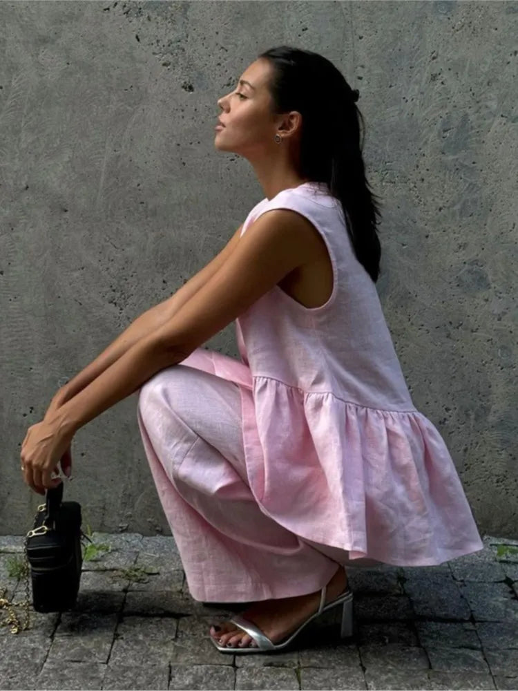 Pink Cotton Linen Ruffles Two Piece Pants Set