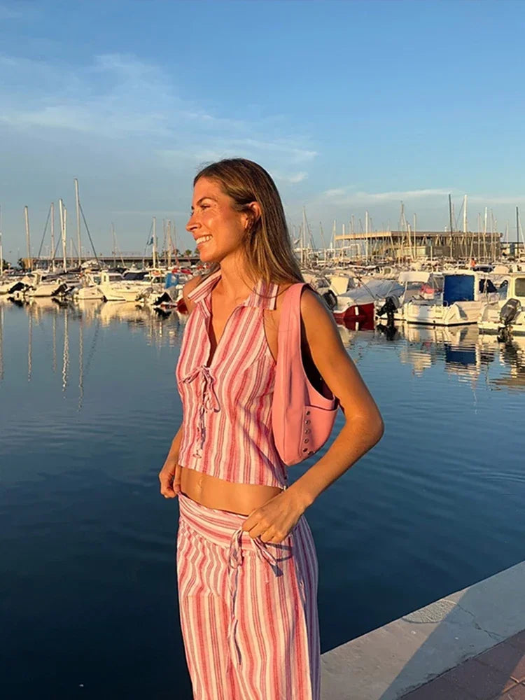 Striped Lace Up Backless Two Piece Pants Set