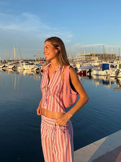 Striped Lace Up Backless Two Piece Pants Set