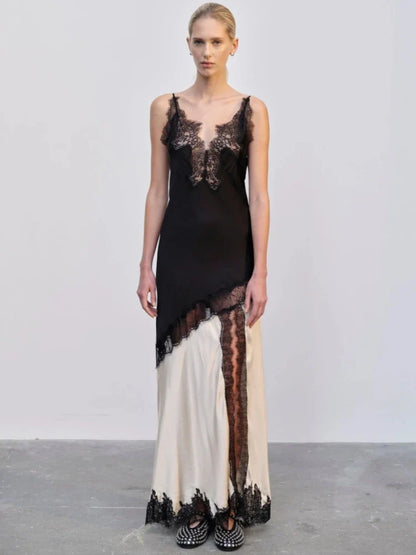 Sling V-Neck Colorblock Backless Long Lace Dress