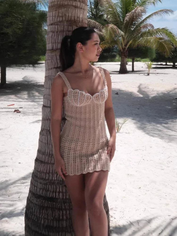 Pearl Beaded Hollow Knitted Mini Dress