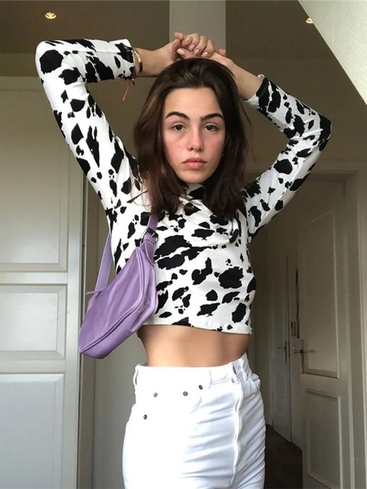 Milk Cow Print Slim Crop Sheer Top