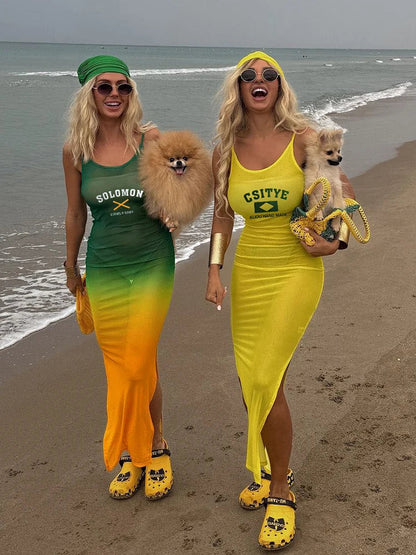 Side Split Letter Print Midi Dress