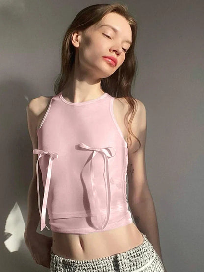Pink Bow Sleeveless Crop Sheer Top