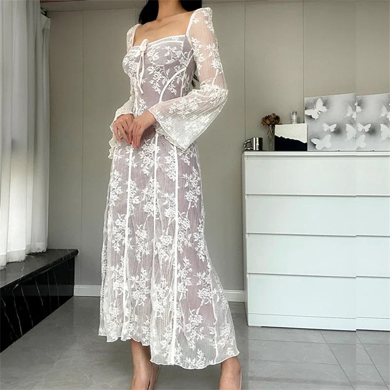 Lace Flared Sleeve A-Line Midi Dress