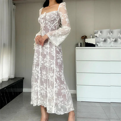 Lace Flared Sleeve A-Line Midi Dress