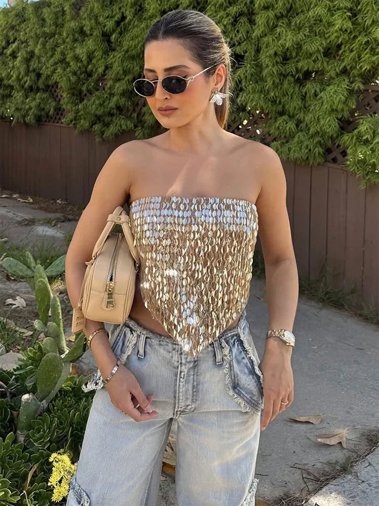 Gold Sequined Bandage Tube Strapless