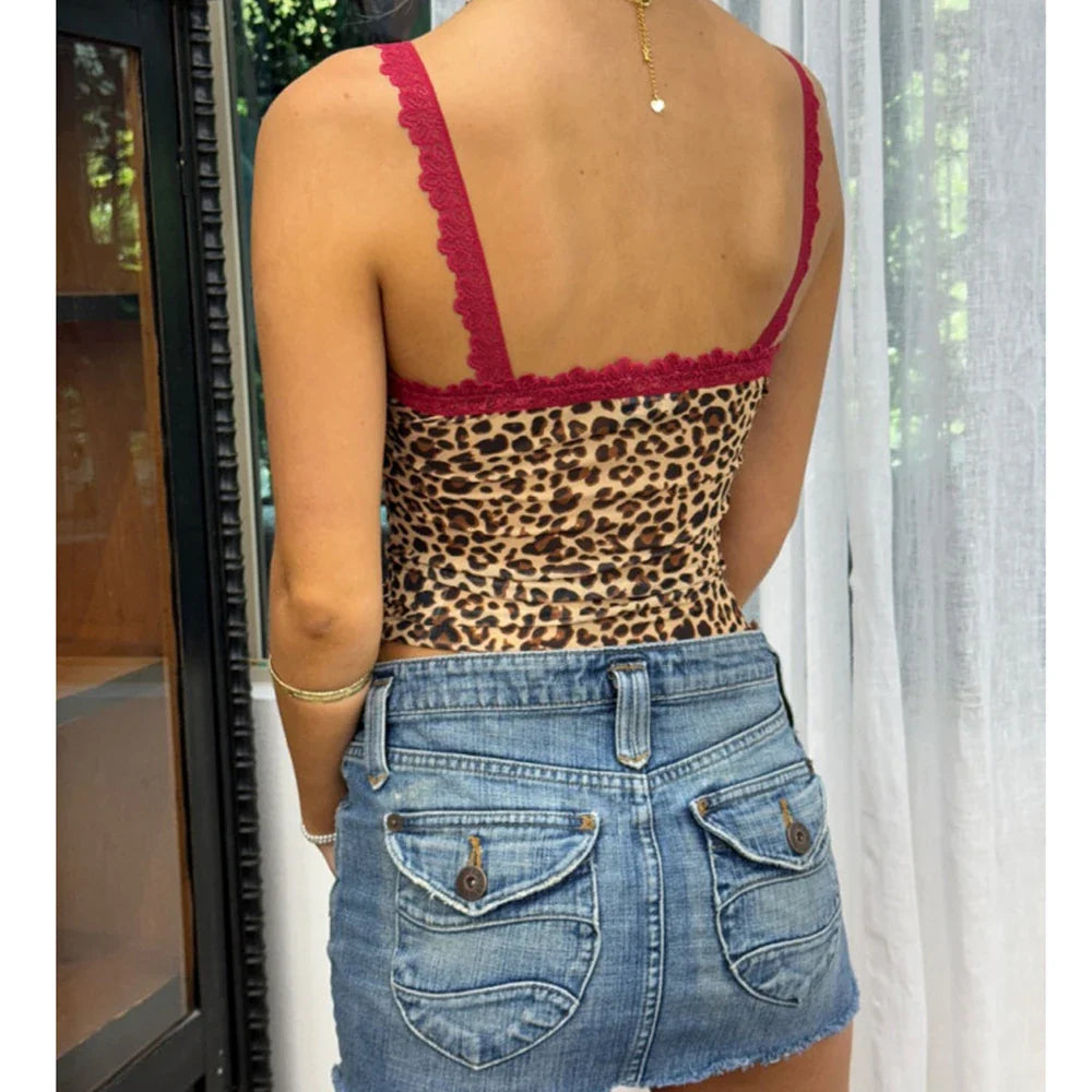 Lace Trim Leopard Print Grunge Cami Top