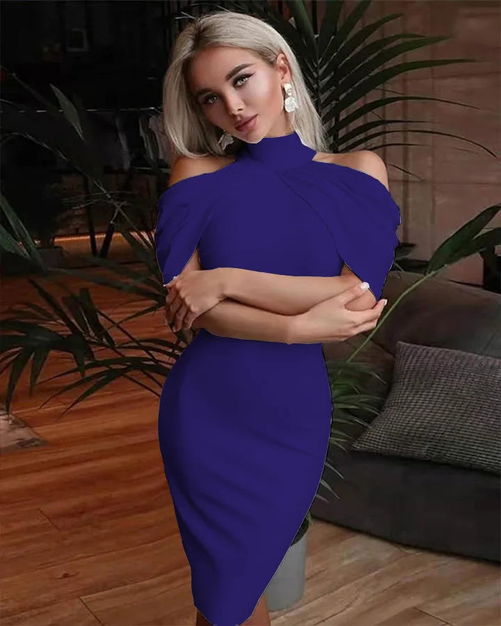 Solid Halter Off Shoulder Hip Package Bodycon Work Dress