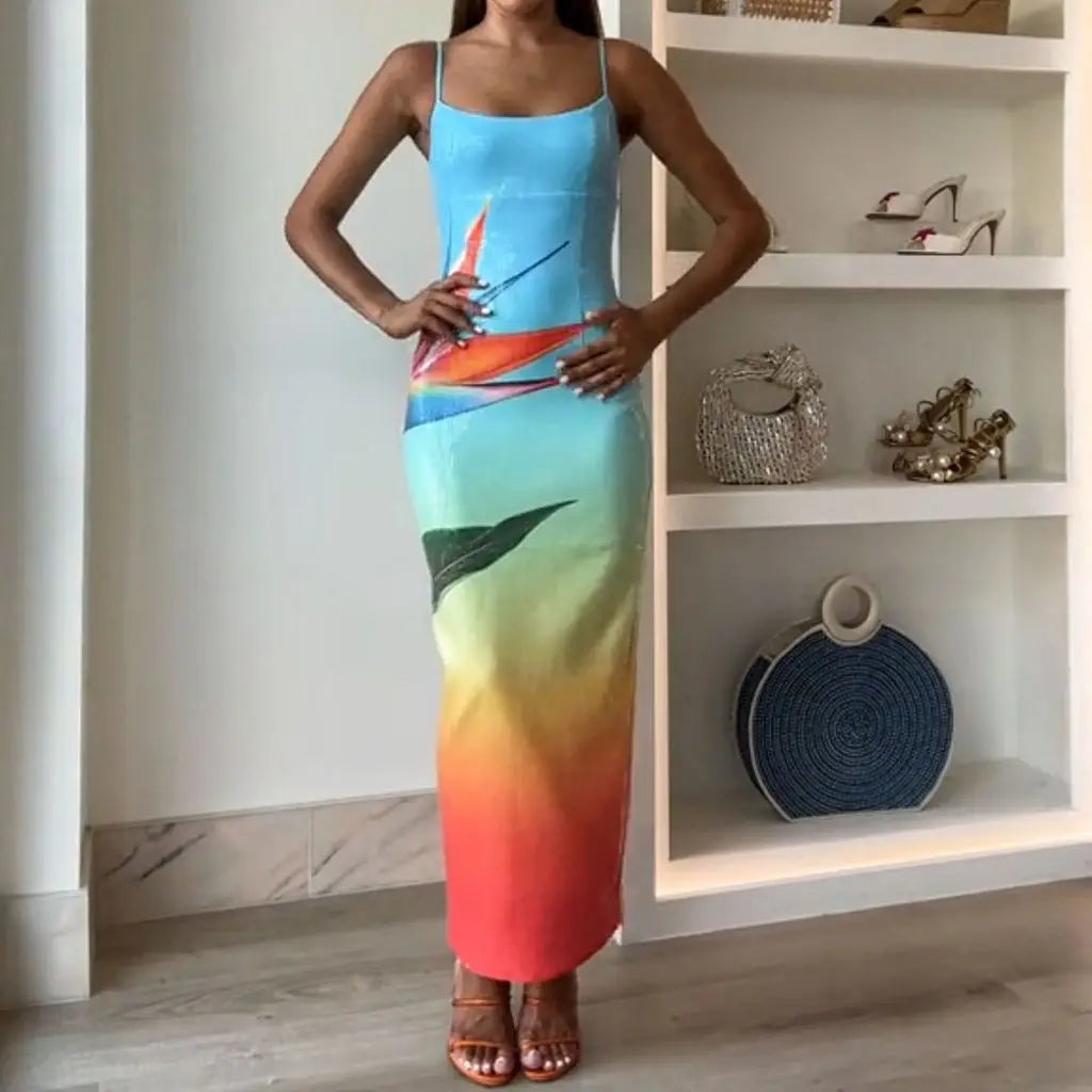 Square Neck Sequined Slit Floral Dress