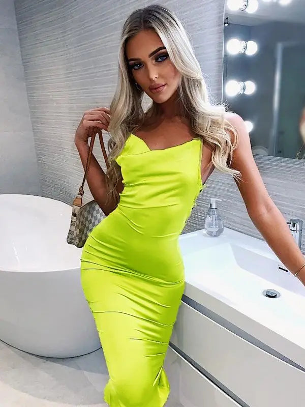 Neon Satin Lace Up Backless Midi Dress