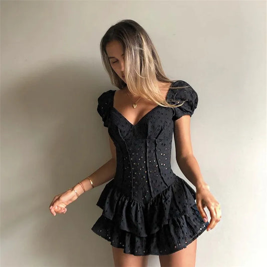 Pleated Puff Sleeve Ruffle V Neck Mini Dress
