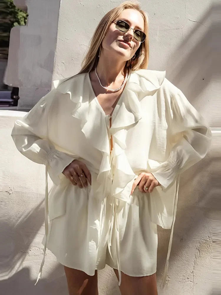 Ruffle Lace Up Chiffon Shorts Knit Set