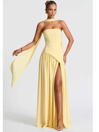 Strapless Pleated Slit Party Evening Midi Dress