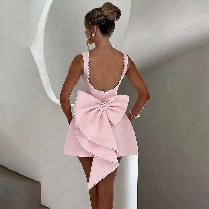 Pearl Bow Waist Wrap Backless Mini Dress