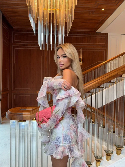 Pink Chiffon Off Shoulder Layered Floral Dress