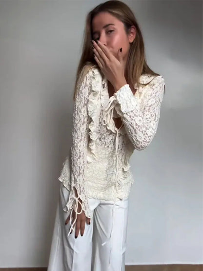 Women Spring Fashion V-neck Solid Lace Laminated Blouse