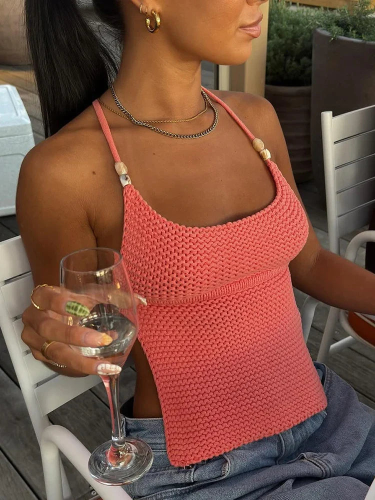 Mozision Knit Crop Backless Lace-Up Cami Top