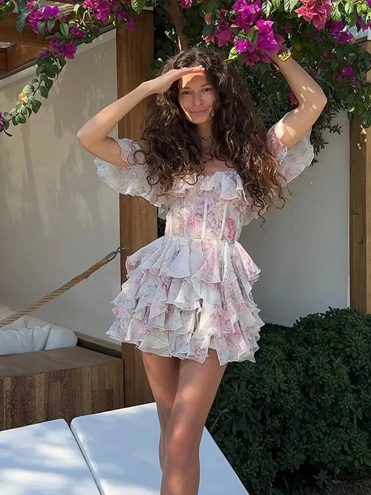 Pleated Off Shoulder A-Line Floral Dress