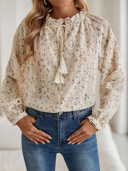 Boho Floral Printed Tassel Blouse