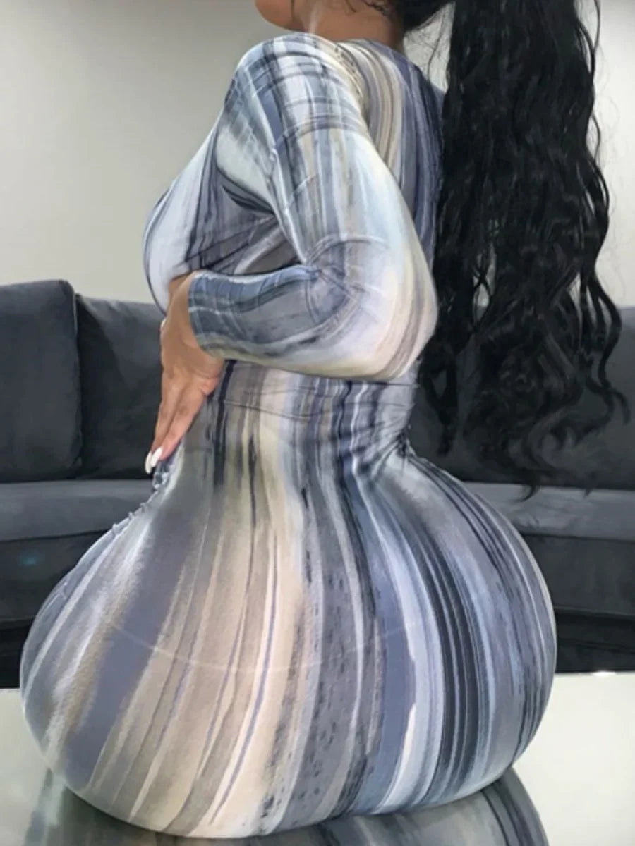 U Neck Tie-Dye Print Bodycon Midi Dress