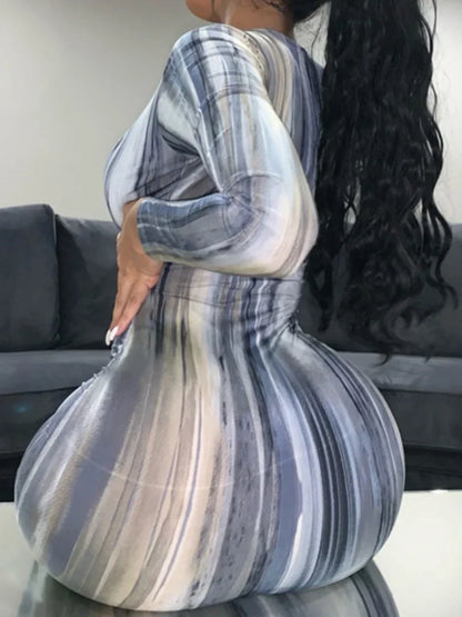 U Neck Tie-Dye Print Bodycon Midi Dress