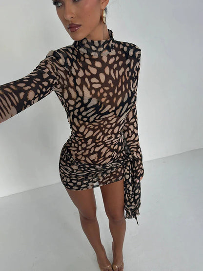 Leopard Sheer Bandage Long Sleeve Mini Dress