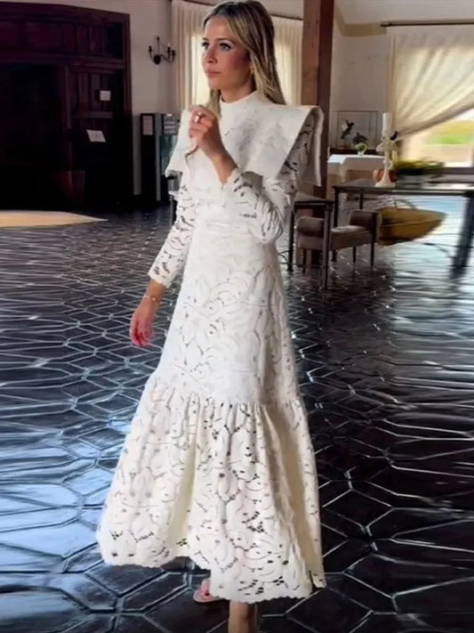 High Collar Slim Solid Patchwork Lace Dress