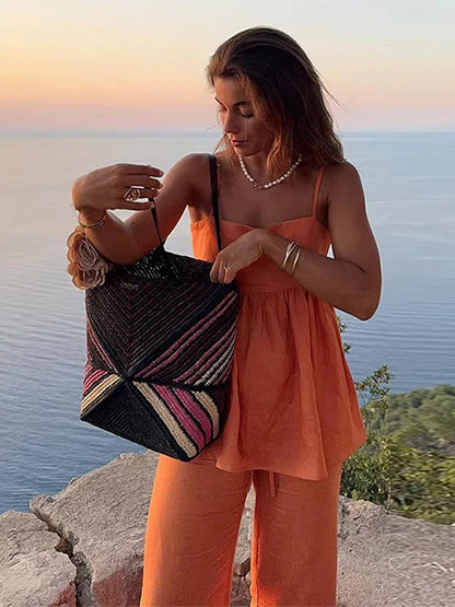 Orange Ruffles Pleated Two Piece Pants Set