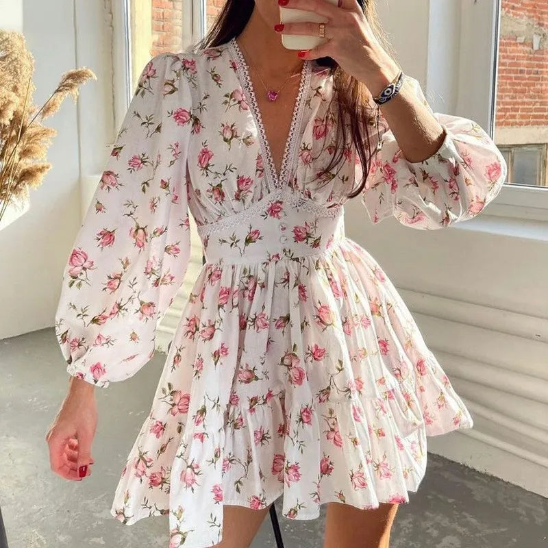 V-neck Lace Edge Midi Floral Dress