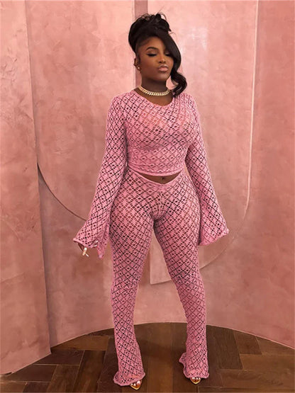 Long Sleeve Crop High Waist Black Two Piece Pants Set