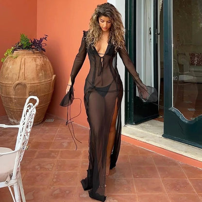 See Through Mesh Tie Up Midi Dress