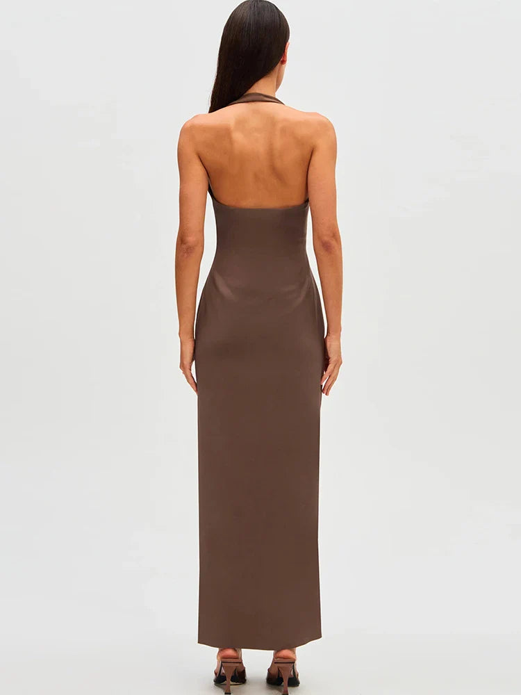 Ruched Deep V-neck Halter Midi Dress