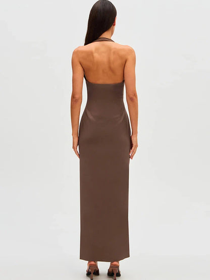 Ruched Deep V-neck Halter Midi Dress