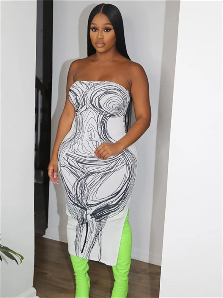 Strapless Panel Print Midi Dress