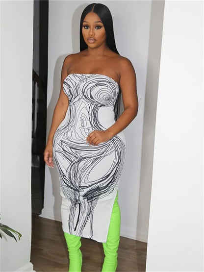 Strapless Panel Print Midi Dress