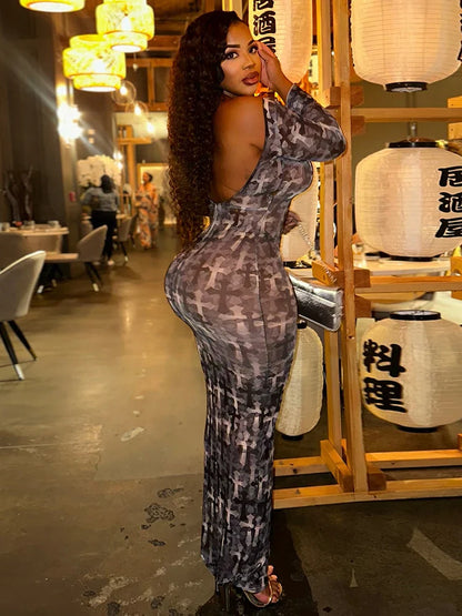 Mesh Print Colorblock Sheath Midi Dress