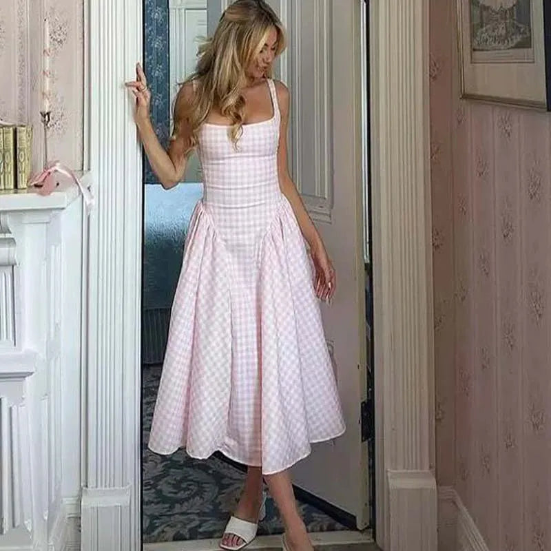 Lace-Up Plaid Sling A-Line Midi Dress