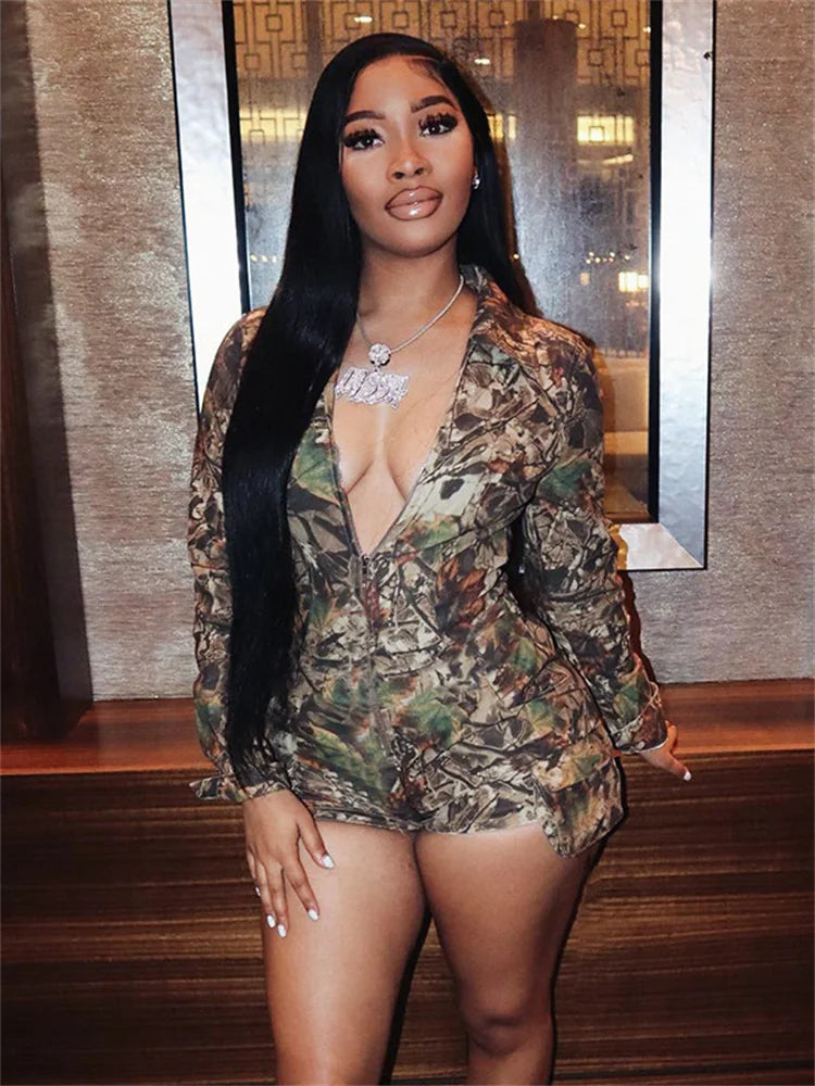 Camouflage Zip Up Long Sleeve Romper