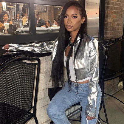 Metal Collar PU Zippered Jacket