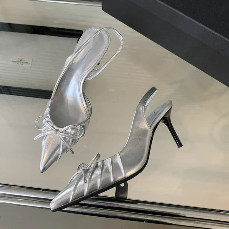 Pointed Toe Luxury Designer Slingback Shallow Bow Thin Heels High Heel